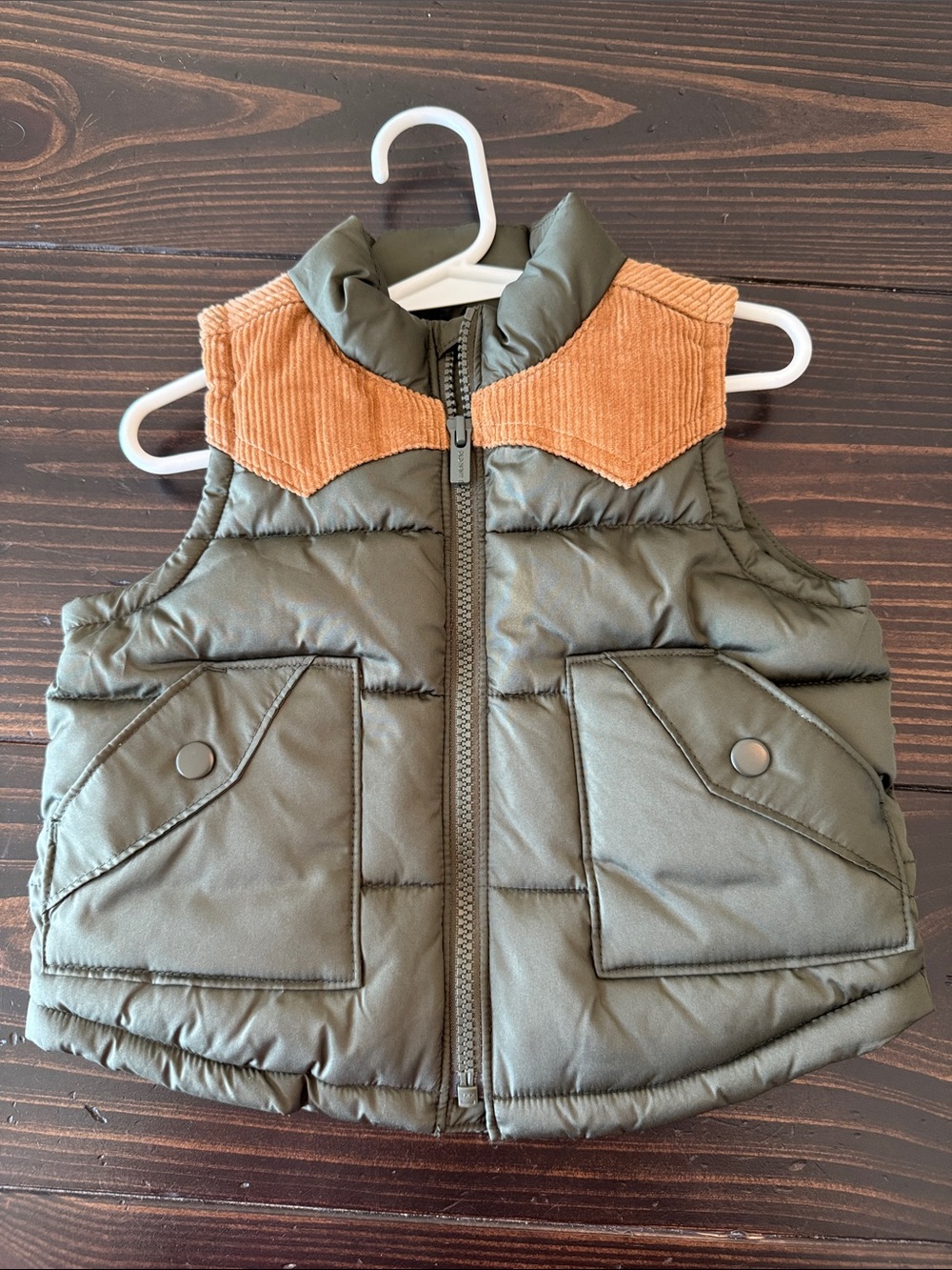 Old Navy Olive Green Puffer Vest with Tan Corduroy Yoke